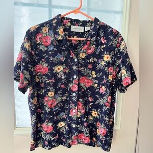 Lemon Grass XL button down short sleeve c neck collar dark floral eyelet blouse.